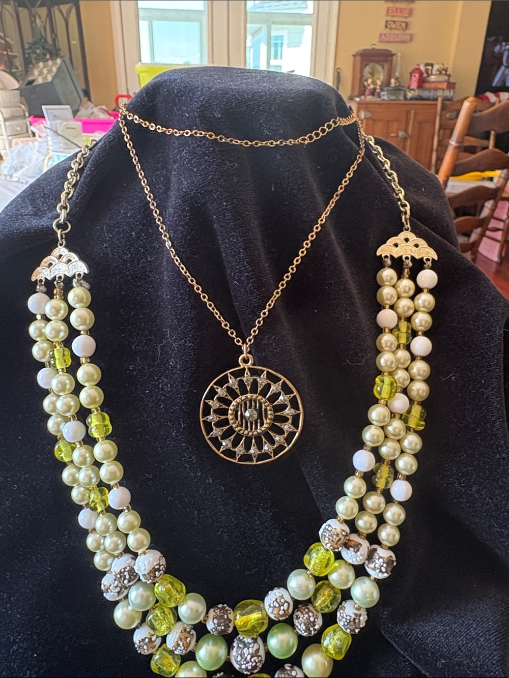 Multi-Strand Pearl & Lime Bead Necklace with Sunburst Pendant - Unbranded